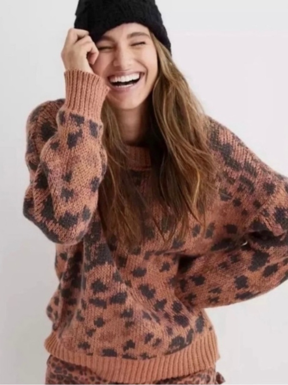 Aerie Oversized Leopard Spot Print Crewneck Pullover Sweater Brown Women’s Large